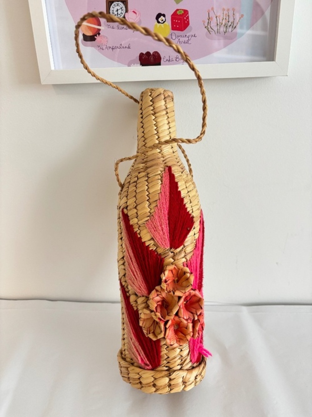 Vintage woven straw & sea grass wine bottle carrier leaf embroidery flower